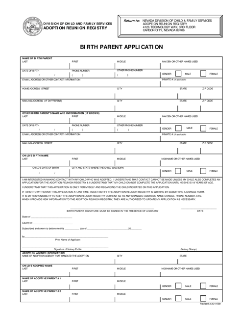 Birth Parent Application - Nevada Download Pdf