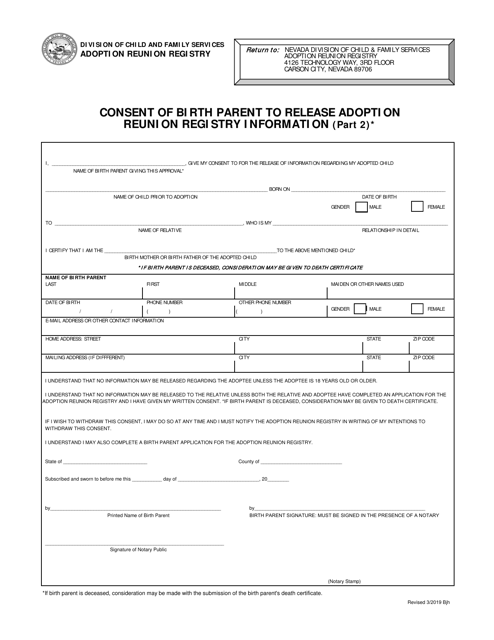 Part 2 Consent of Birth Parent to Release Adoption Reunion Registry Information - Nevada