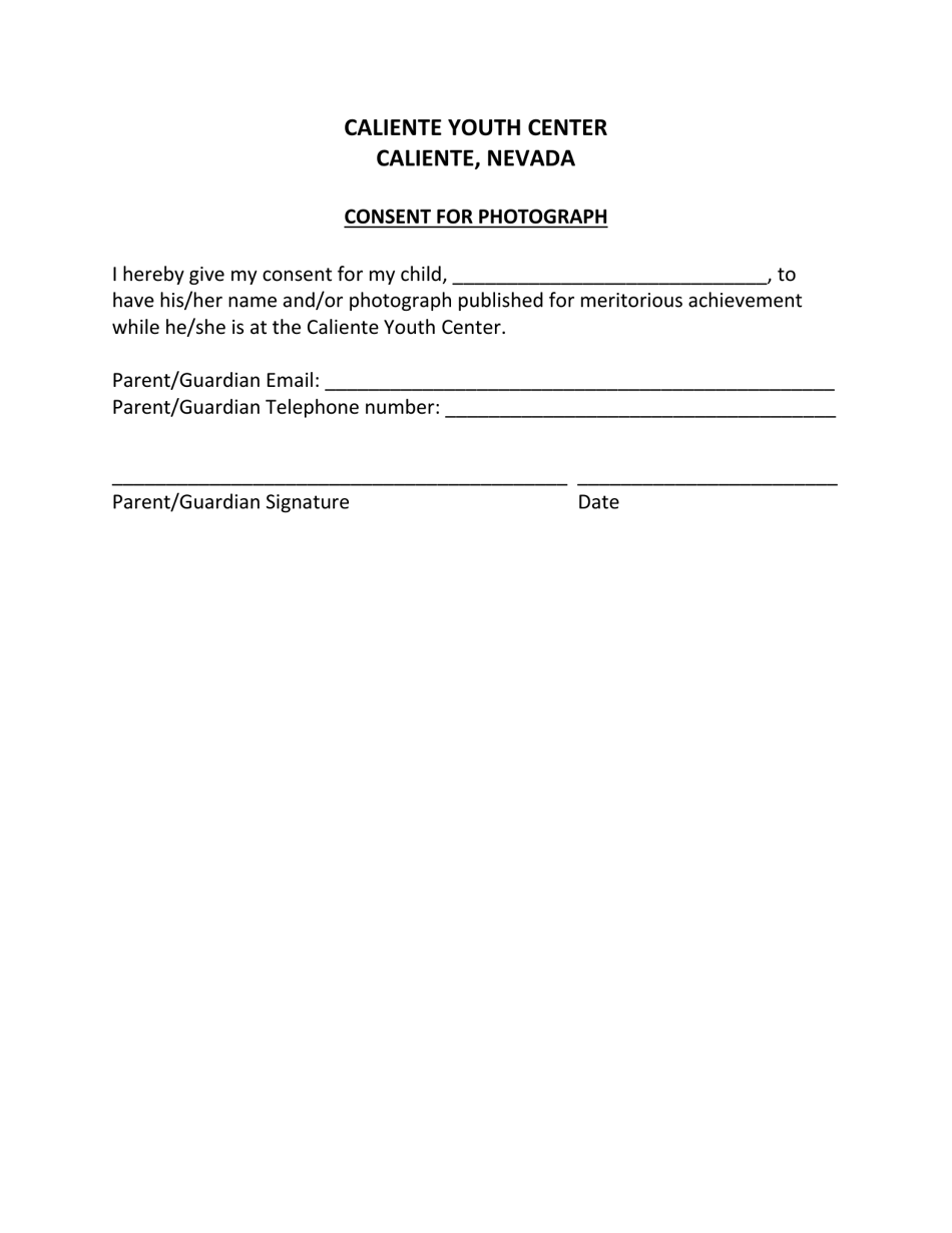 Consent for Photograph - Caliente Youth Center - Nevada, Page 1