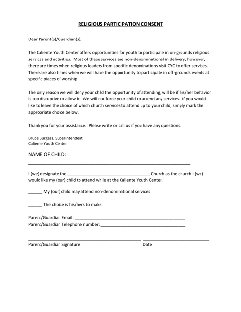 Religious Participation Consent - Caliente Youth Center - Nevada Download Pdf