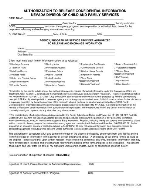 Authorization to Release Confidential Information Nevada Division of Child and Family Services - Nevada Download Pdf
