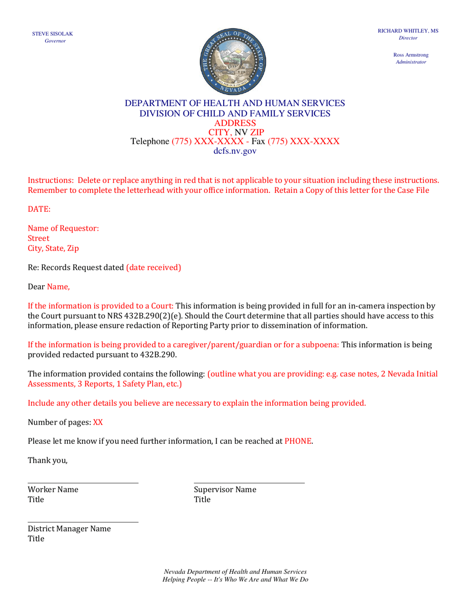Release of Records Cover Letter - Nevada, Page 1