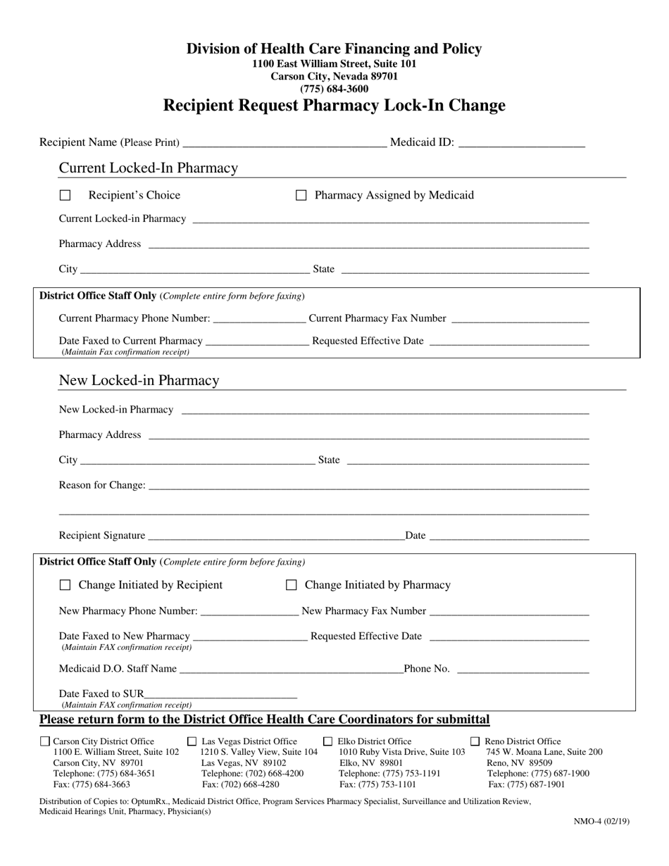 Form NMO-4 Recipient Request Pharmacy Lock-In Change - Nevada, Page 1