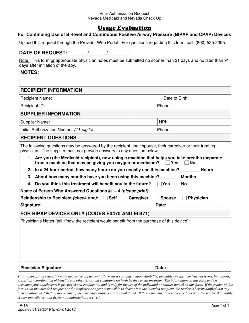 Form FA-1A Usage Evaluation - Nevada, Page 1