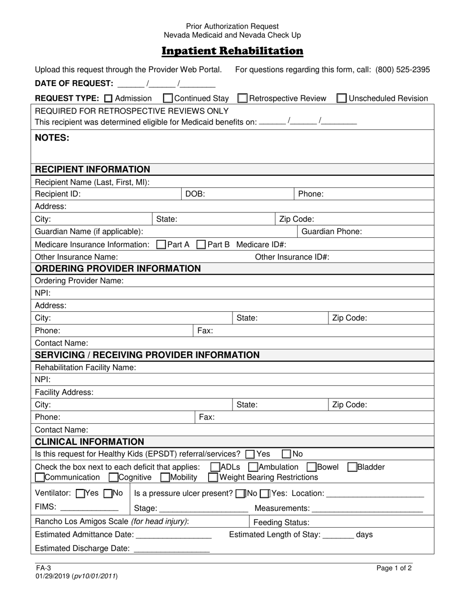 Form FA-3 Inpatient Rehabilitation - Nevada, Page 1