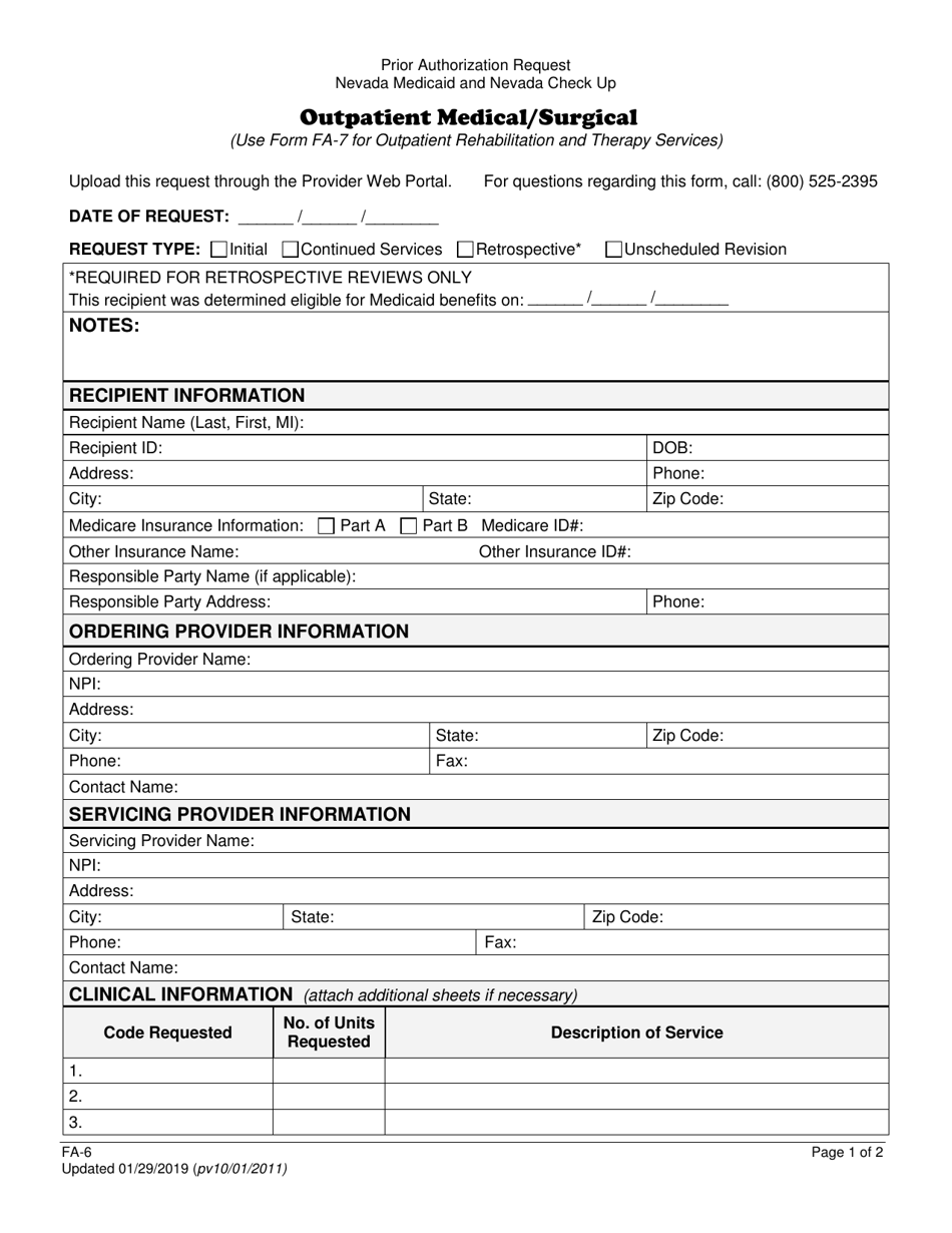 Form FA-6 Outpatient Medical / Surgical - Nevada, Page 1