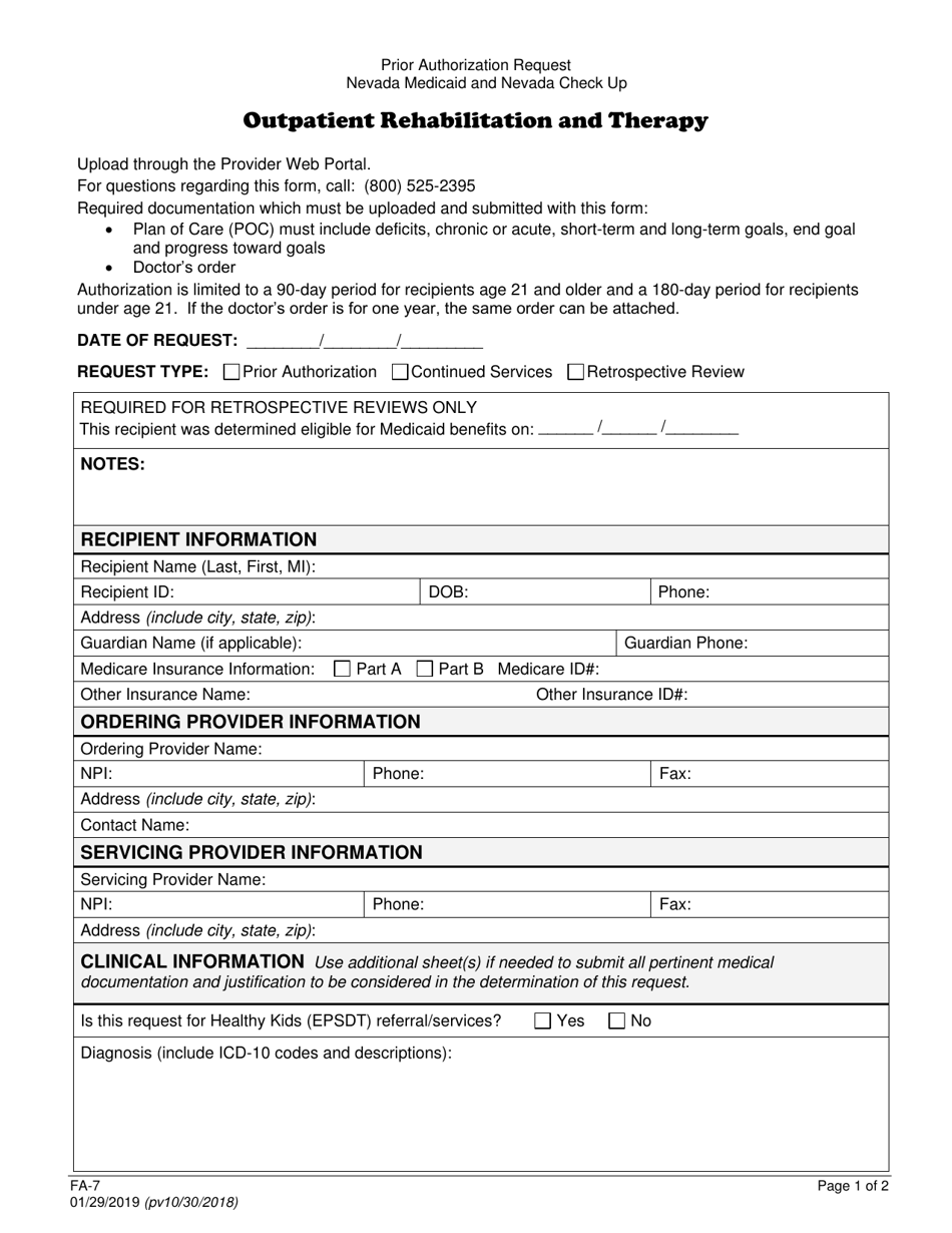 Form FA-7 Outpatient Rehabilitation and Therapy - Nevada, Page 1