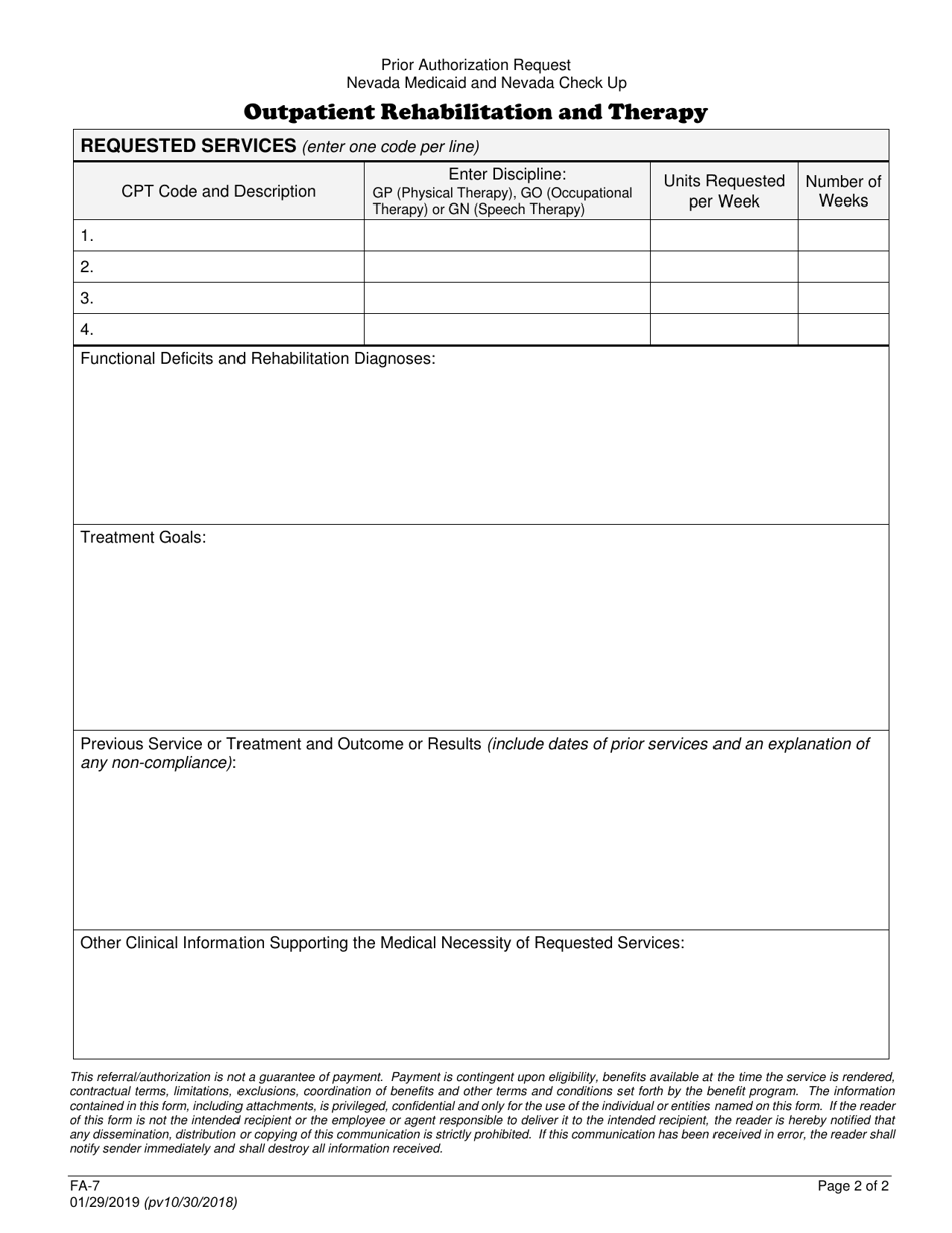 Form FA-7 Outpatient Rehabilitation and Therapy - Nevada, Page 2