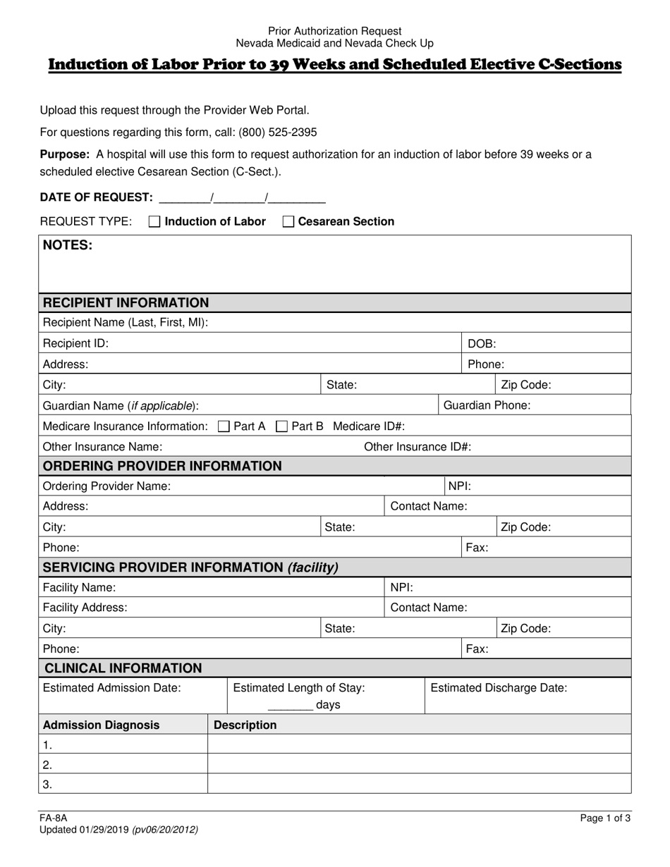 Form FA-8A Induction of Labor Prior to 39 Weeks and Scheduled Elective C-Sections - Nevada, Page 1