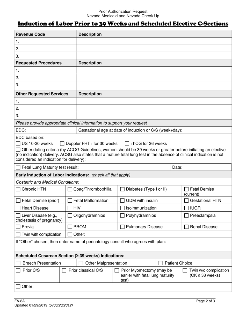 Form FA-8A Induction of Labor Prior to 39 Weeks and Scheduled Elective C-Sections - Nevada, Page 2