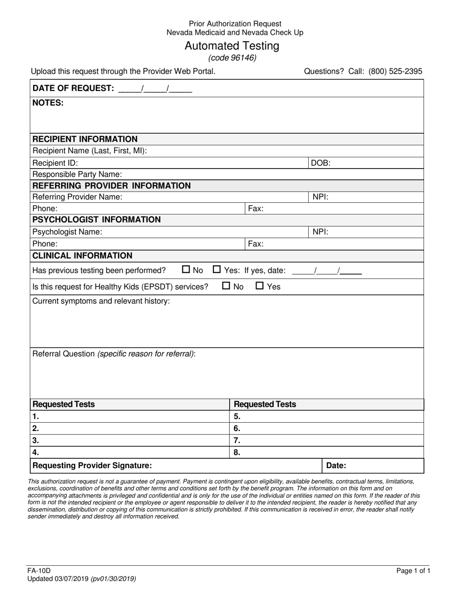 Form FA-10D Automated Testing - Nevada, Page 1