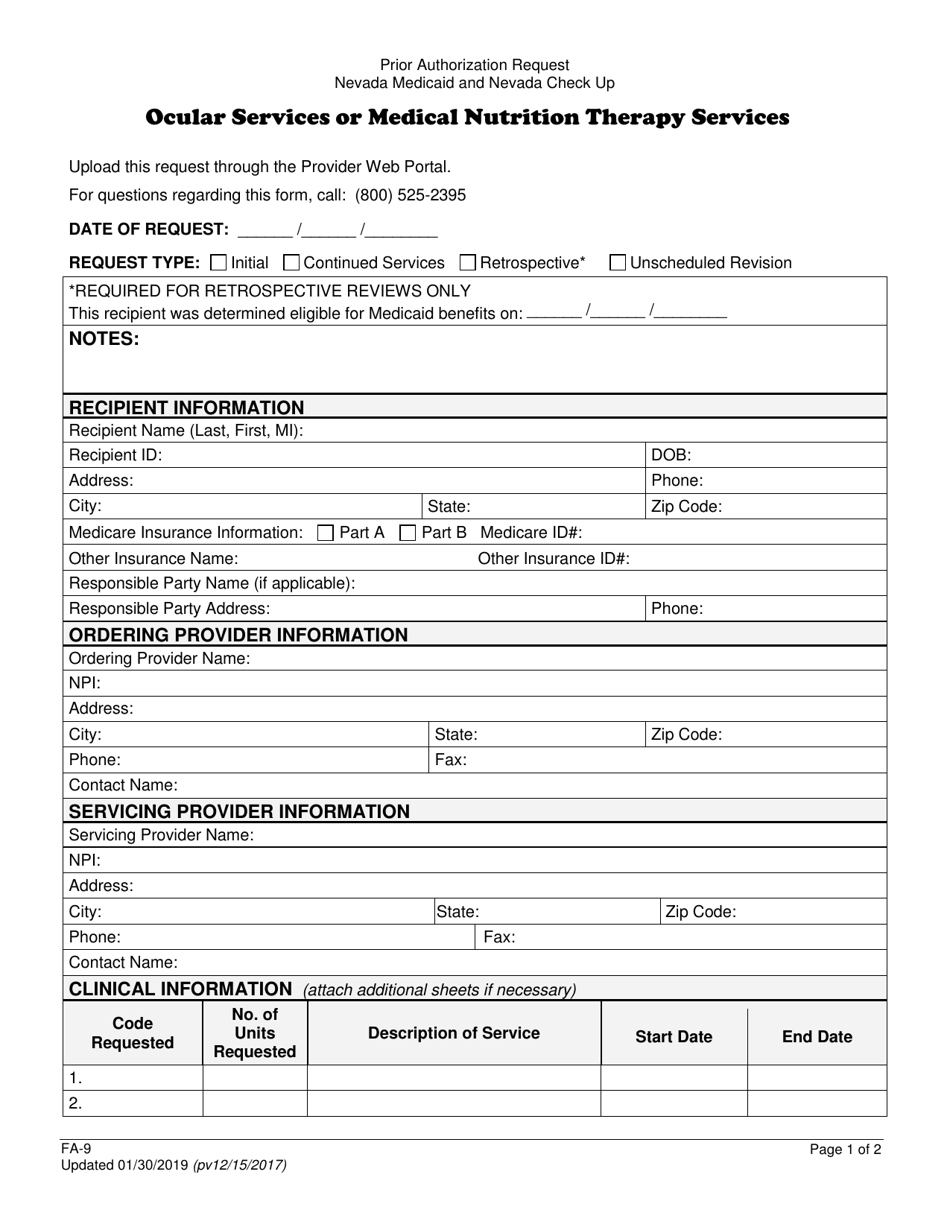 Form FA-9 Ocular Services or Medical Nutrition Therapy Services - Nevada, Page 1