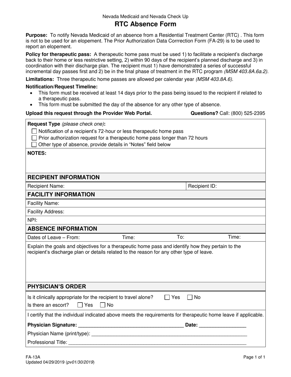 Form FA-13A Rtc Absence Form - Nevada, Page 1