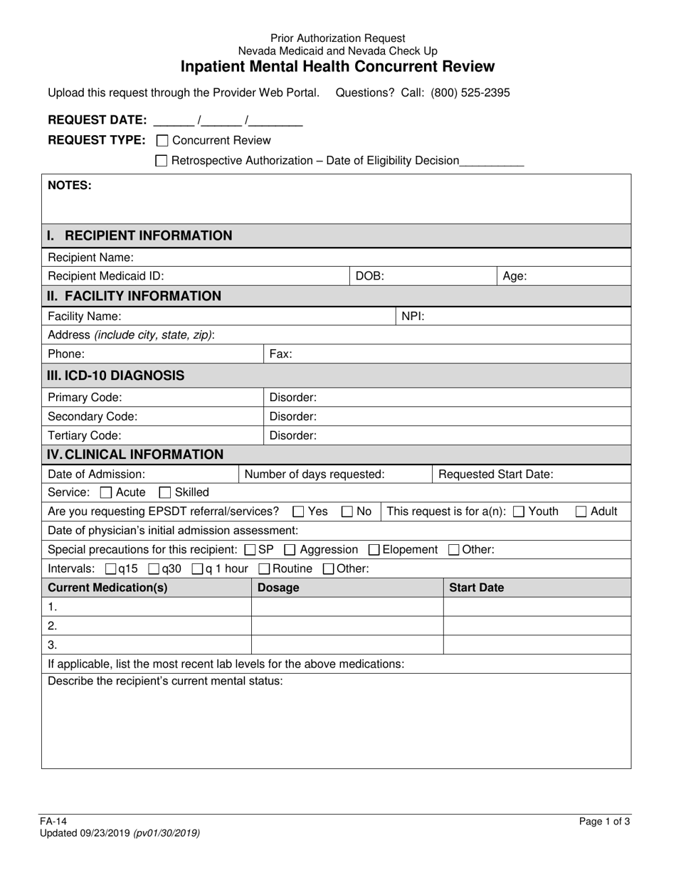 Form FA-14 Inpatient Mental Health Concurrent Review - Nevada, Page 1