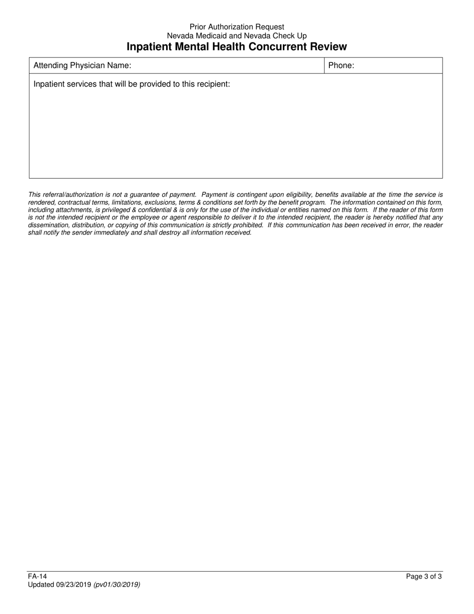 Form FA-14 Inpatient Mental Health Concurrent Review - Nevada, Page 3
