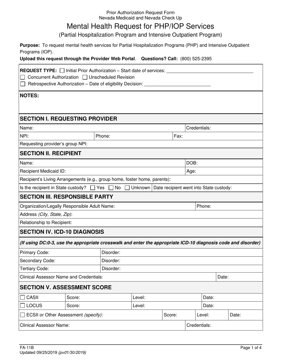 Form FA-11B Mental Health Request for Php / Iop Services (Partial Hospitalization Program and Intensive Outpatient Program) - Nevada, Page 1
