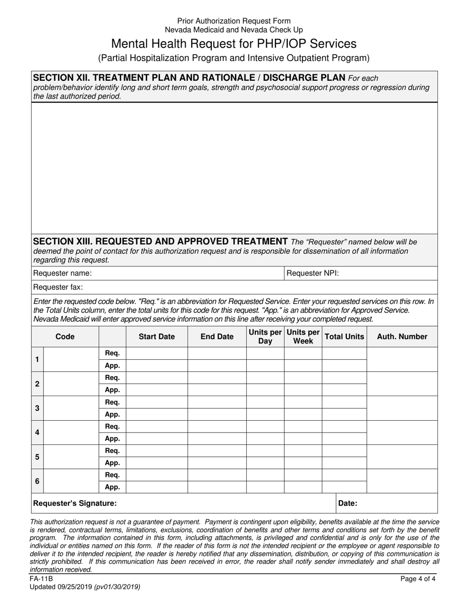 Form FA-11B Mental Health Request for Php / Iop Services (Partial Hospitalization Program and Intensive Outpatient Program) - Nevada, Page 4