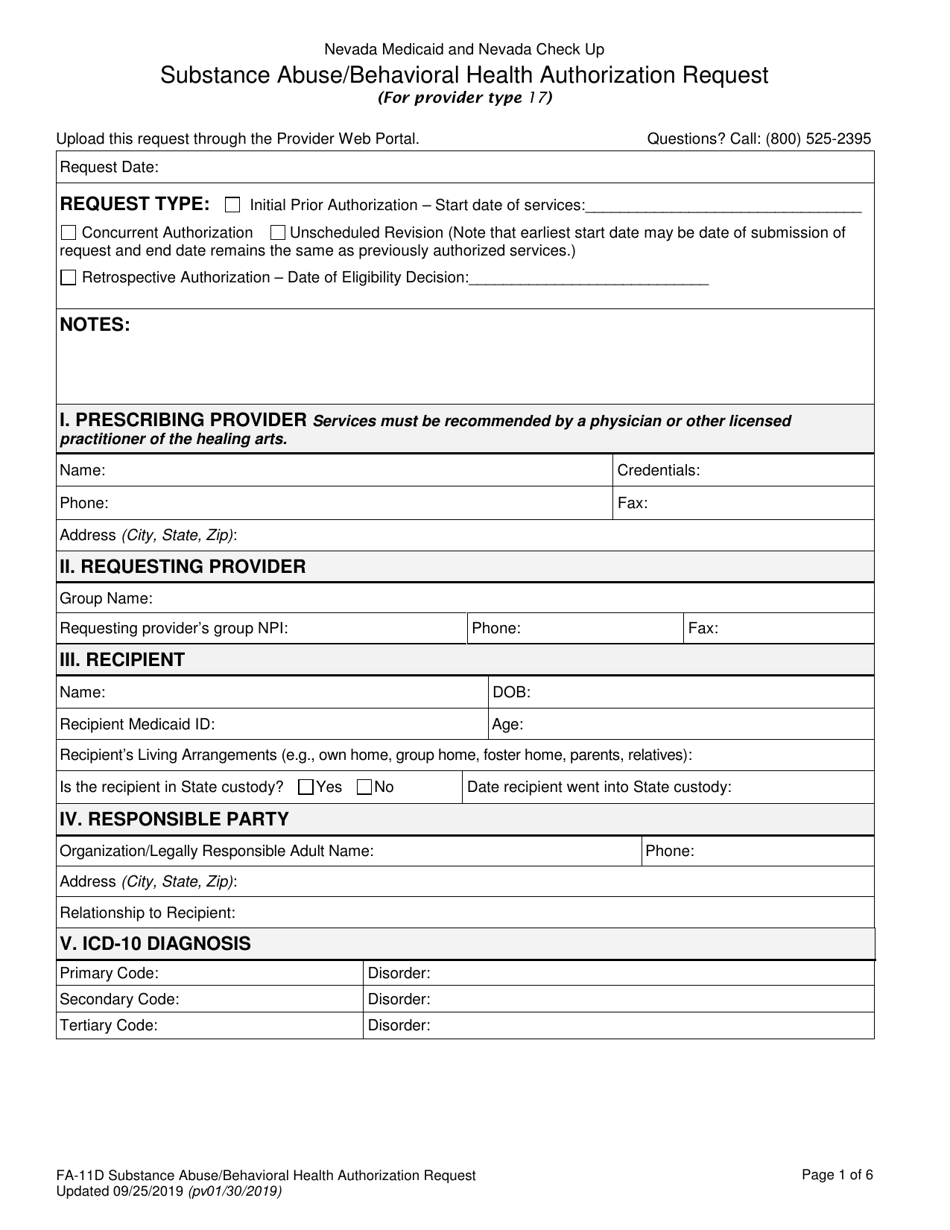 Form FA-11D Substance Abuse / Behavioral Health Authorization Request - Nevada, Page 1