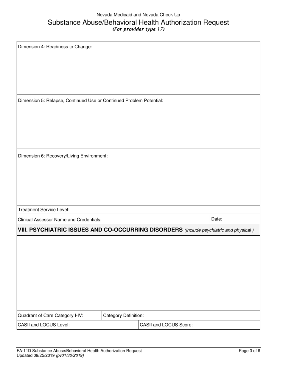 Form FA-11D Substance Abuse / Behavioral Health Authorization Request - Nevada, Page 3