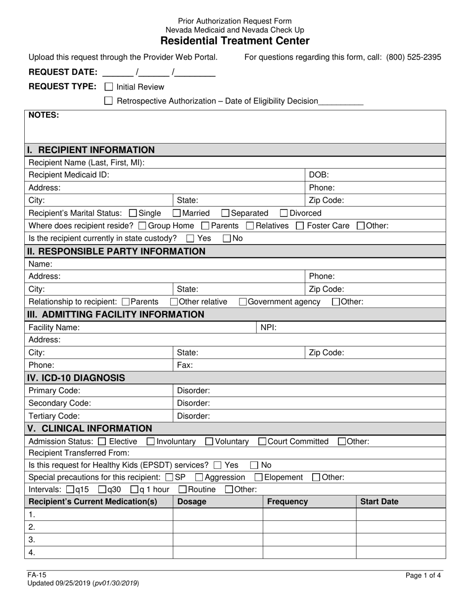 Form FA-15 Residential Treatment Center Prior Authorization - Nevada, Page 1