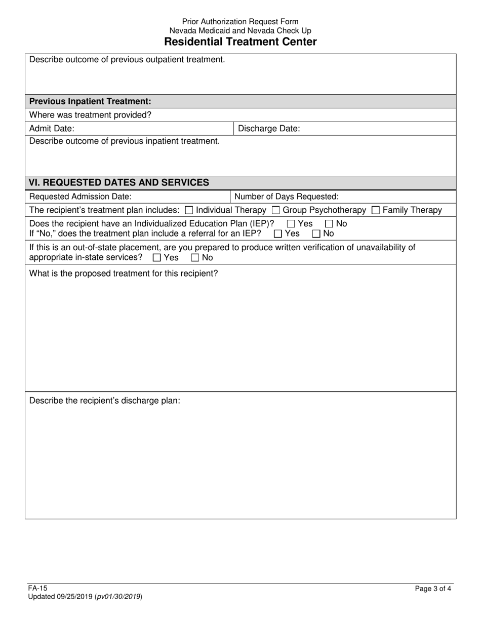 Form FA-15 Residential Treatment Center Prior Authorization - Nevada, Page 3