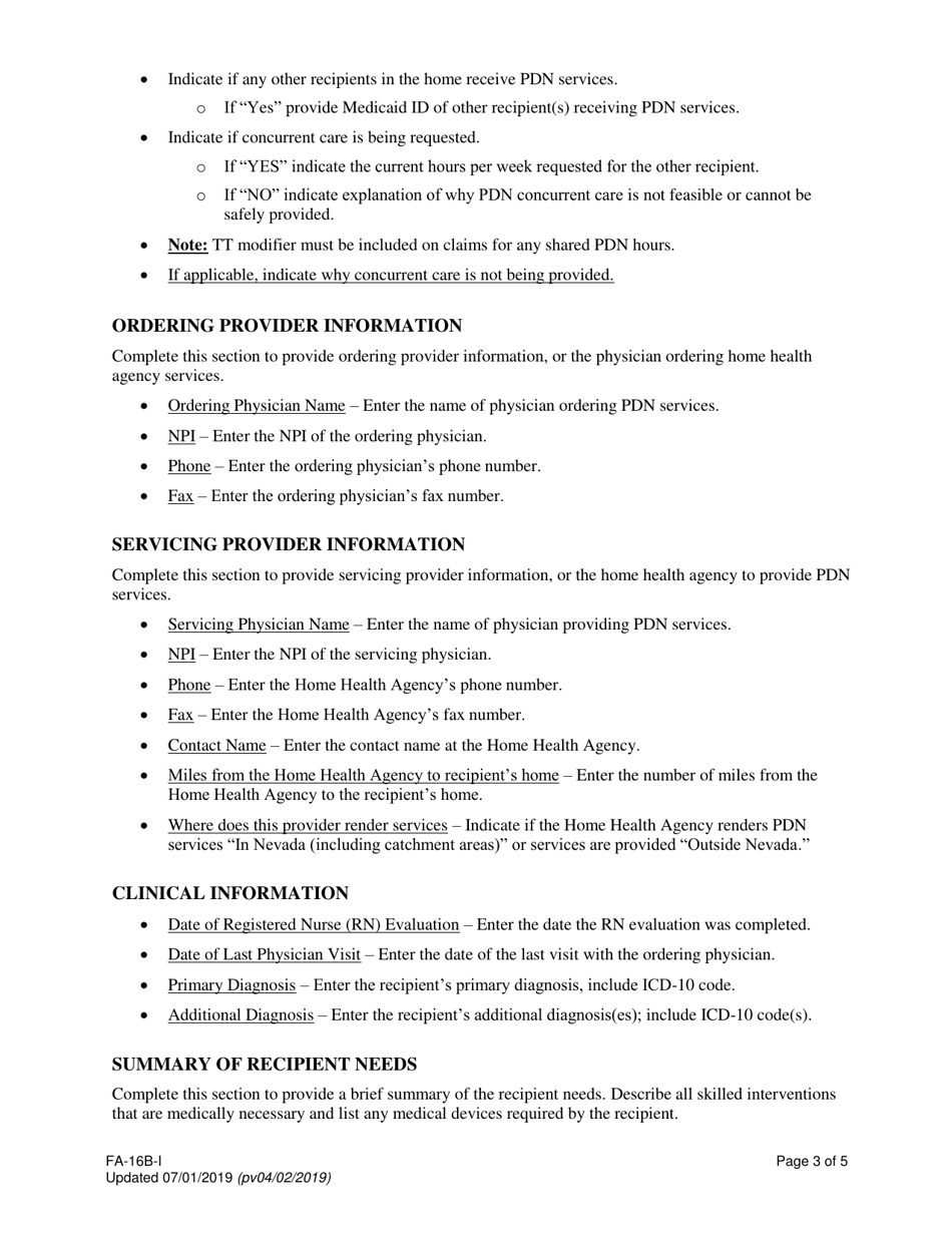 Instructions for Form FA-16B Home Health Agency - Private Duty Nursing (Pdn) Services Only Prior Authorization Request - Nevada, Page 3