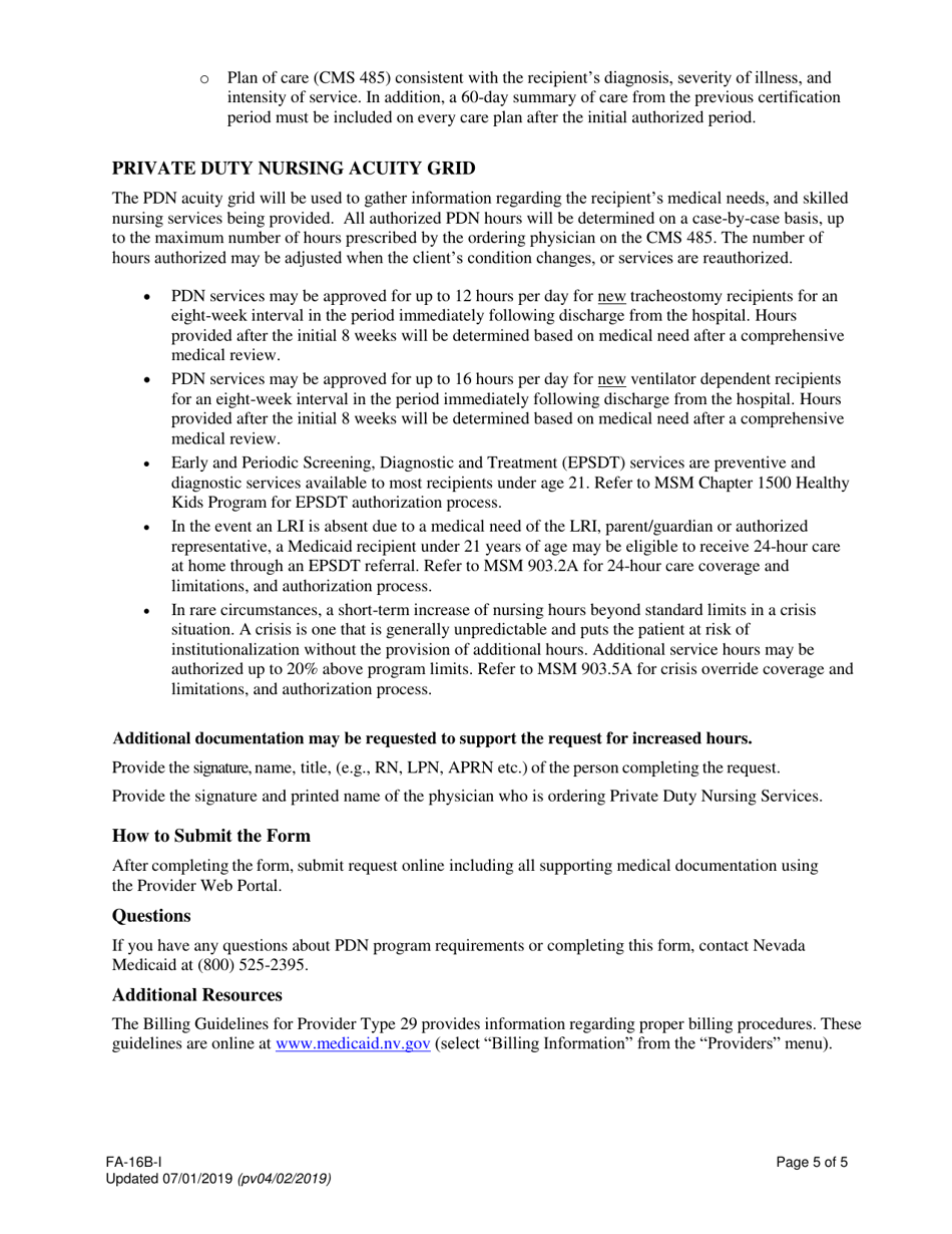 Instructions for Form FA-16B Home Health Agency - Private Duty Nursing (Pdn) Services Only Prior Authorization Request - Nevada, Page 5