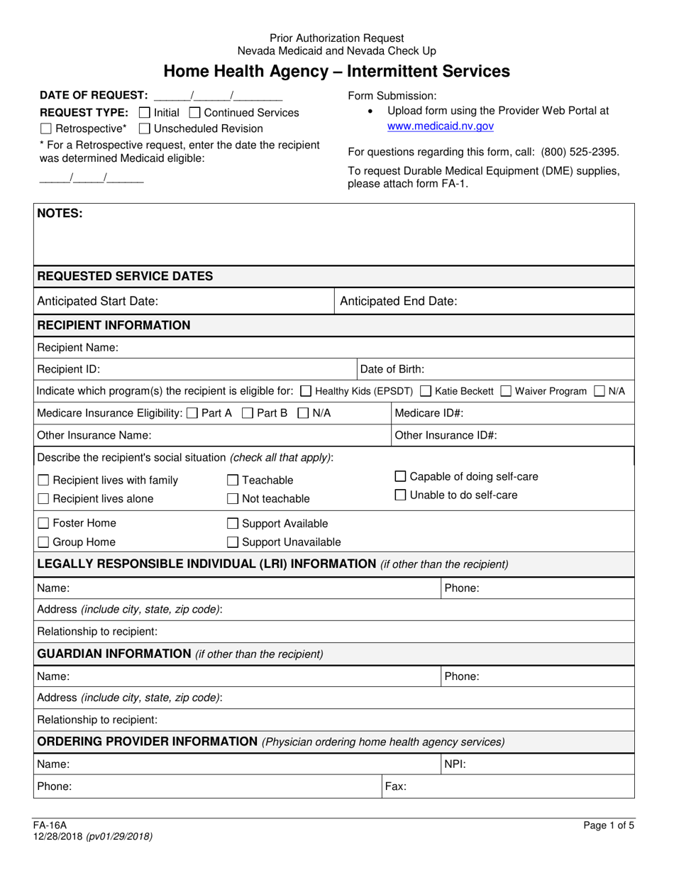 Form FA-16A Home Health Agency - Intermittent Services - Nevada, Page 1