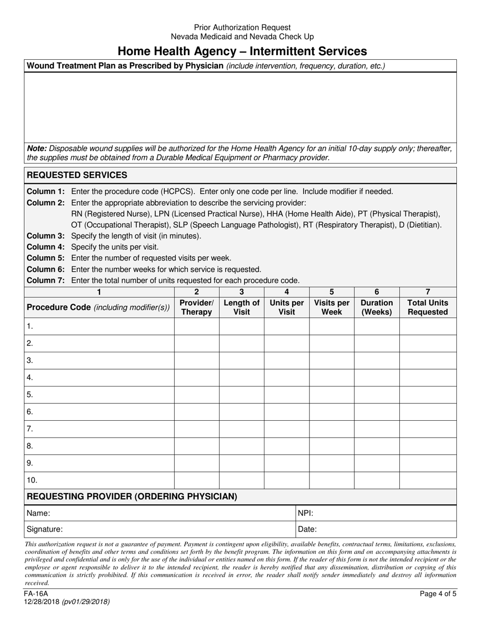 Form FA-16A Home Health Agency - Intermittent Services - Nevada, Page 4