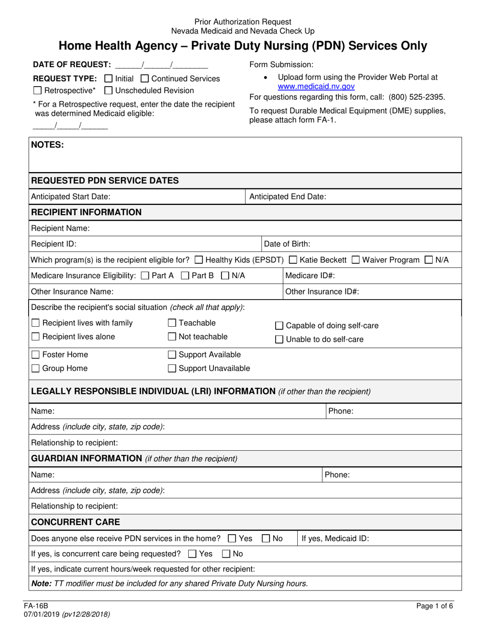 Form FA-16B Home Health Agency  Private Duty Nursing (Pdn) Services Only Prior Authorization Request - Nevada, Page 1