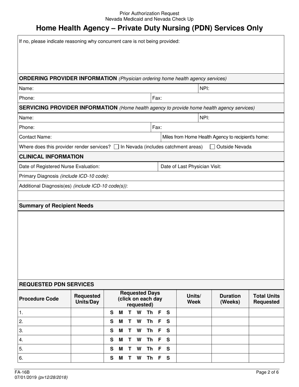 Form FA-16B Home Health Agency  Private Duty Nursing (Pdn) Services Only Prior Authorization Request - Nevada, Page 2