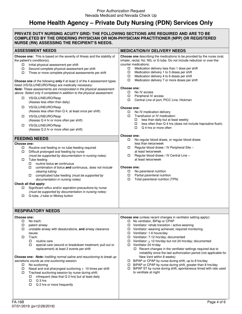 Form FA-16B Home Health Agency  Private Duty Nursing (Pdn) Services Only Prior Authorization Request - Nevada, Page 4