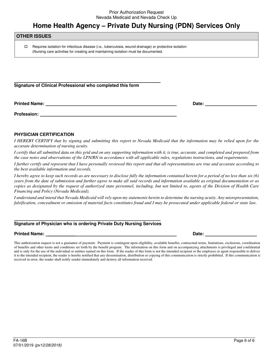 Form FA-16B Home Health Agency  Private Duty Nursing (Pdn) Services Only Prior Authorization Request - Nevada, Page 6