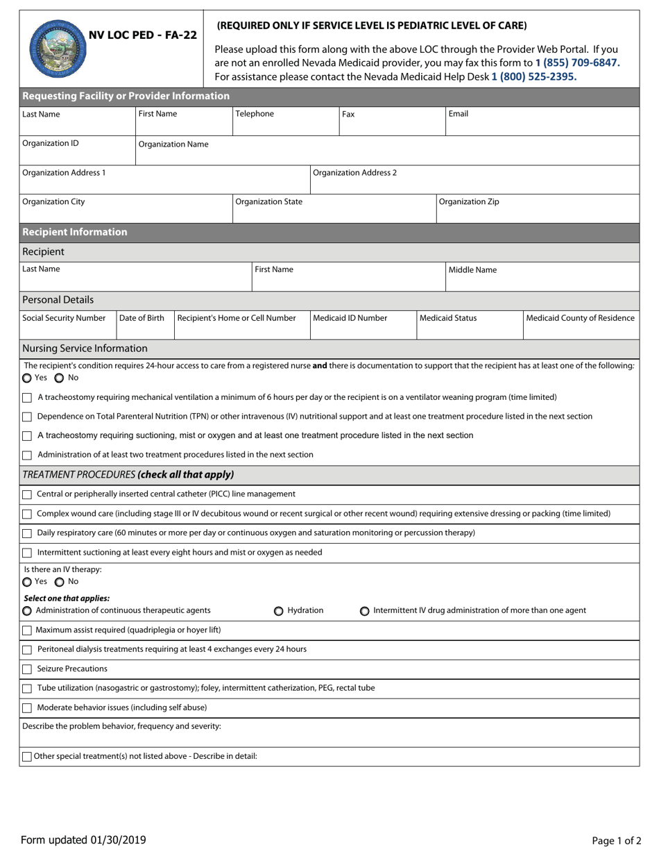 Form FA-22 Screening Request for Pediatric Specialty Care Services - Nevada, Page 1