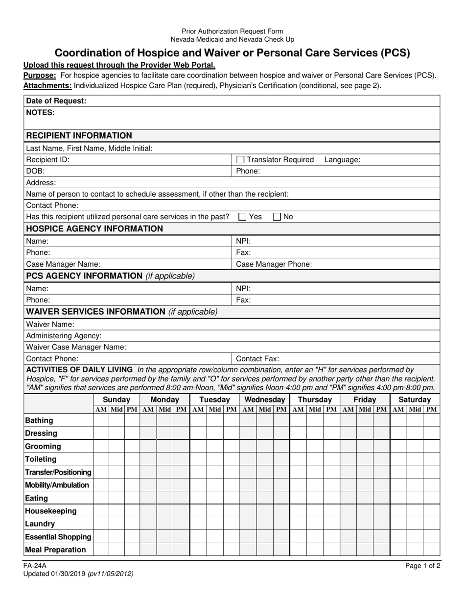 Form FA-24A Coordination of Hospice and Waiver or Personal Care Services (PCS) - Nevada, Page 1