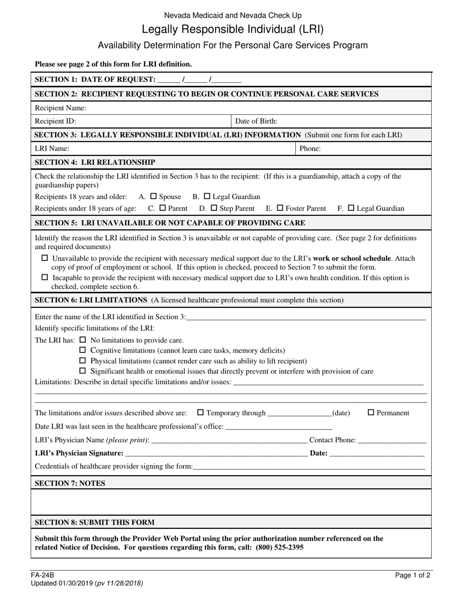 Form FA-24B Legally Responsible Individual (Lri) Availability Determination for the Personal Care Services Program - Nevada, Page 1