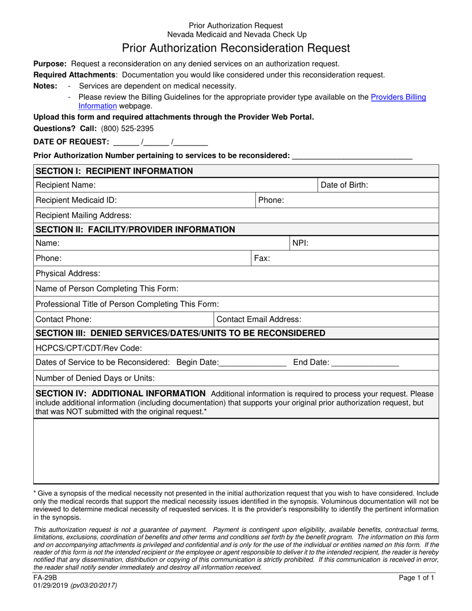 Form FA-29B Prior Authorization Reconsideration Request - Nevada, Page 1