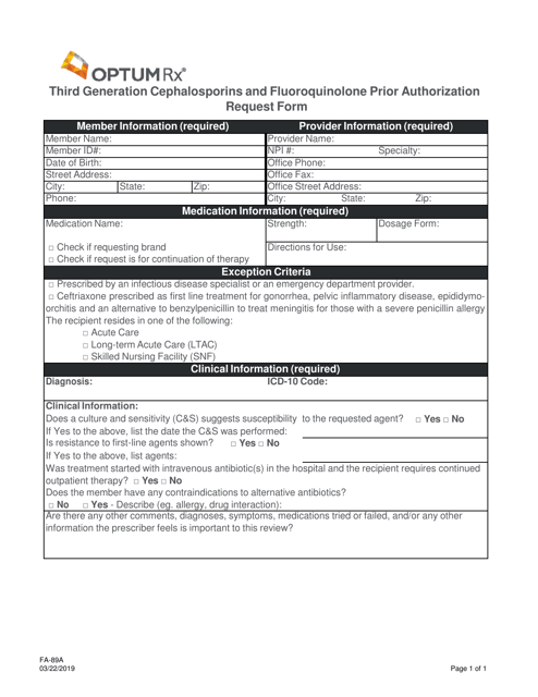 Form FA-89A Third Generation Cephalosporins and Fluoroquinolone Prior Authorization Request Form - Nevada