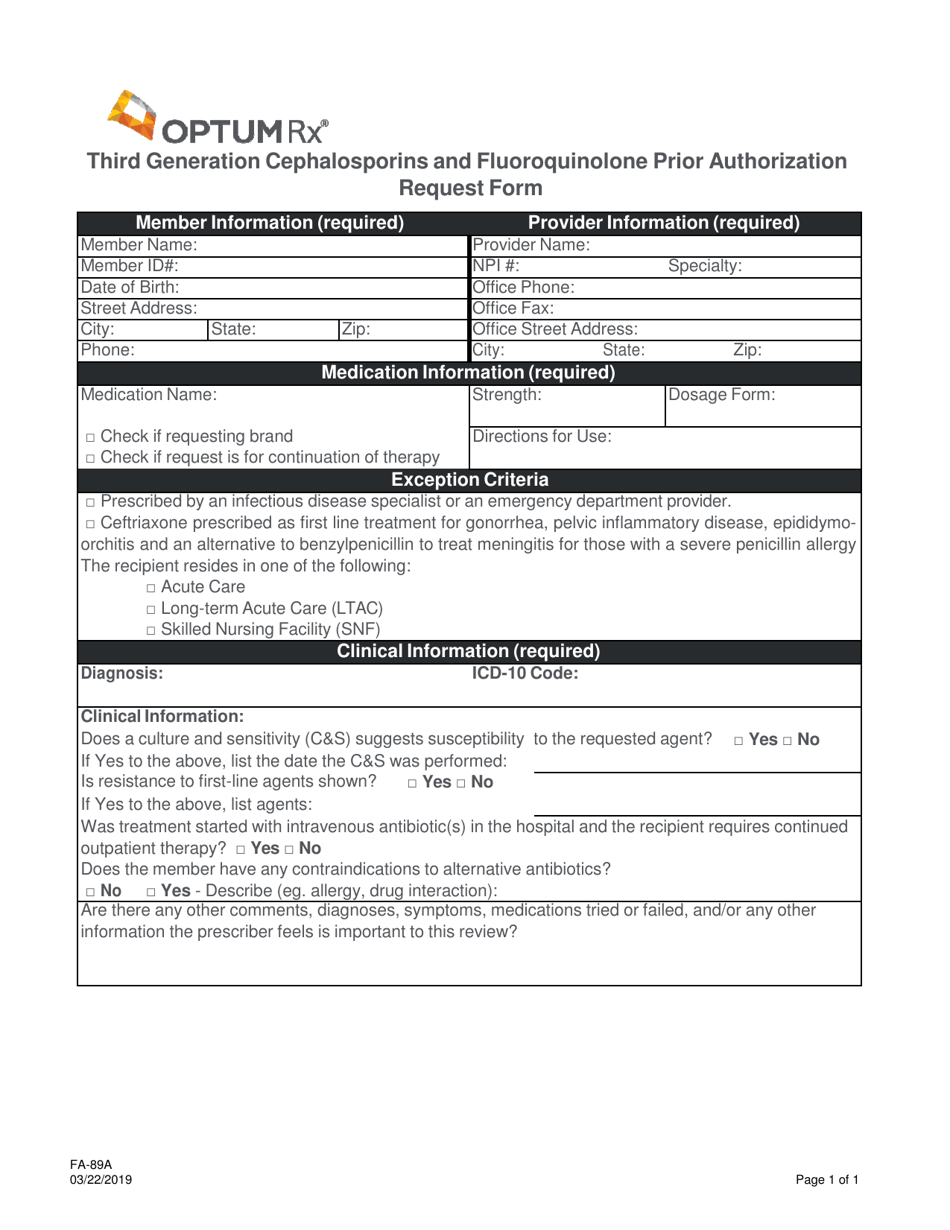 Form FA-89A Third Generation Cephalosporins and Fluoroquinolone Prior Authorization Request Form - Nevada, Page 1
