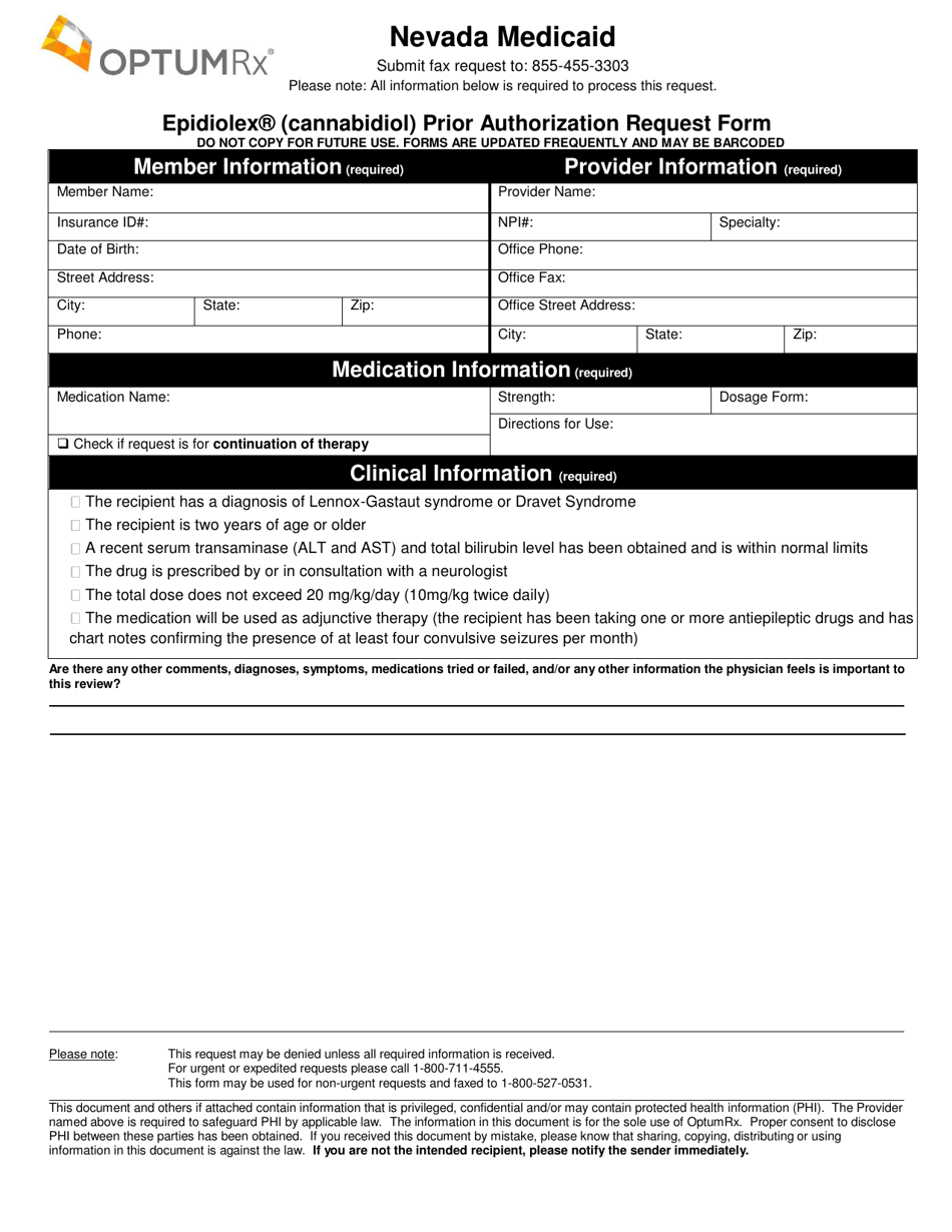 Form FA-152 Epidiolex (Cannabidiol) Prior Authorization Request Form - Nevada, Page 1