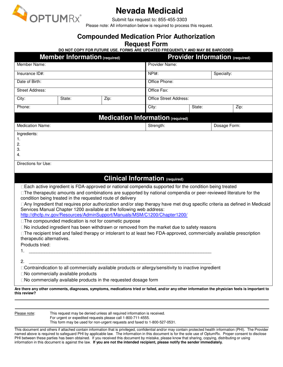 Form FA-150 Compounded Medication Prior Authorization Request Form - Nevada, Page 1
