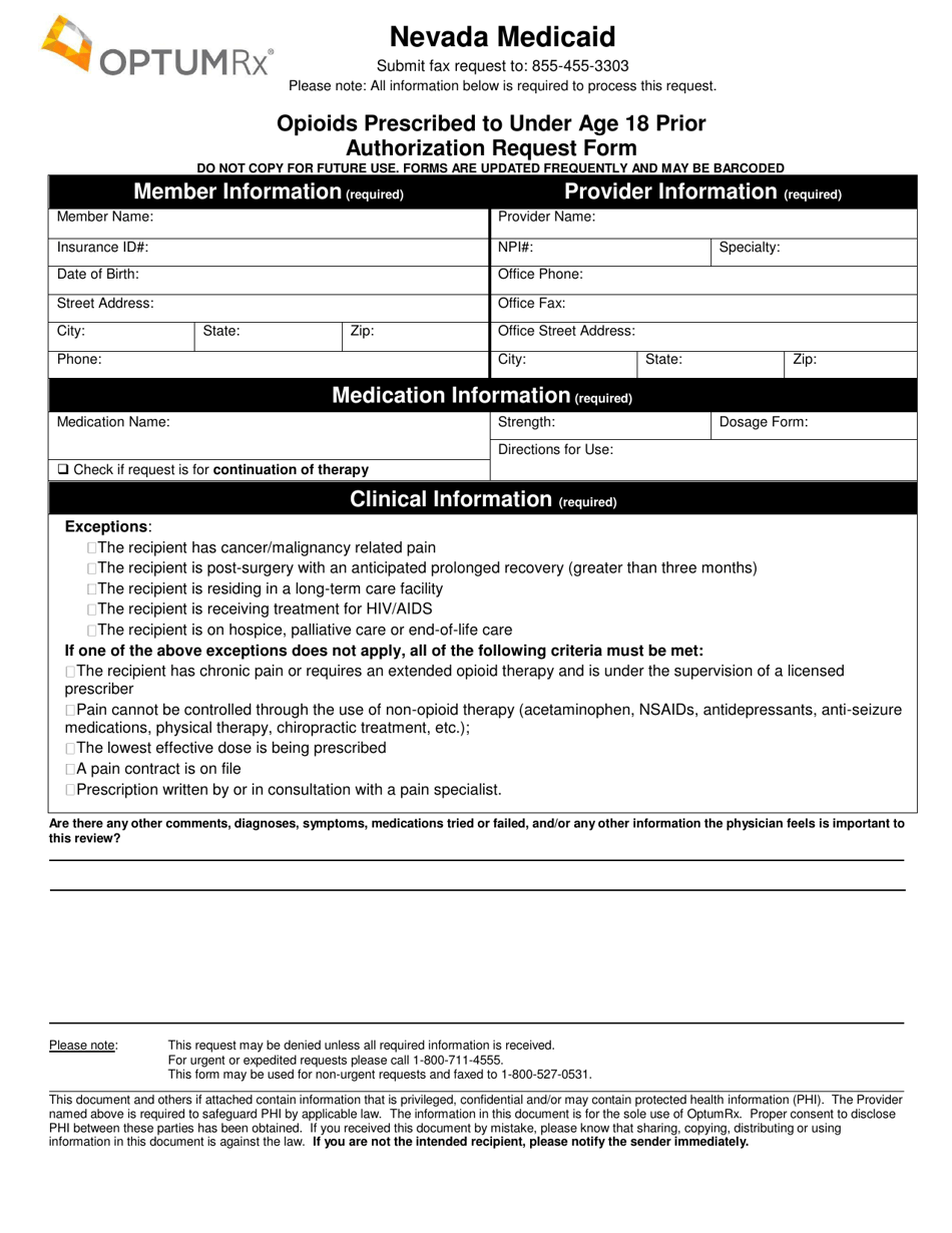 Form FA-153 Opioids Prescribed to Under Age 18 Prior Authorization Request Form - Nevada, Page 1