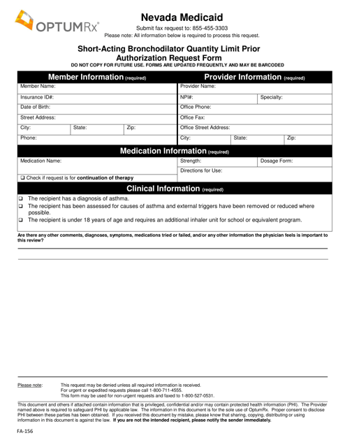 Form FA-156 Short-Acting Bronchodilator Quantity Limit Prior Authorization Request Form - Nevada