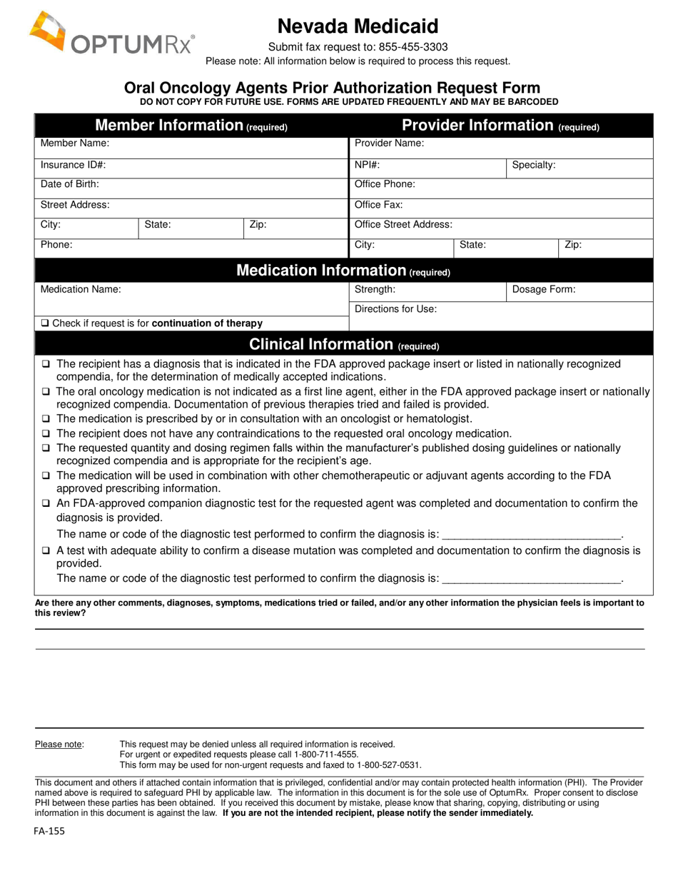 Form FA-155 Oral Oncology Agents Prior Authorization Request Form - Nevada, Page 1