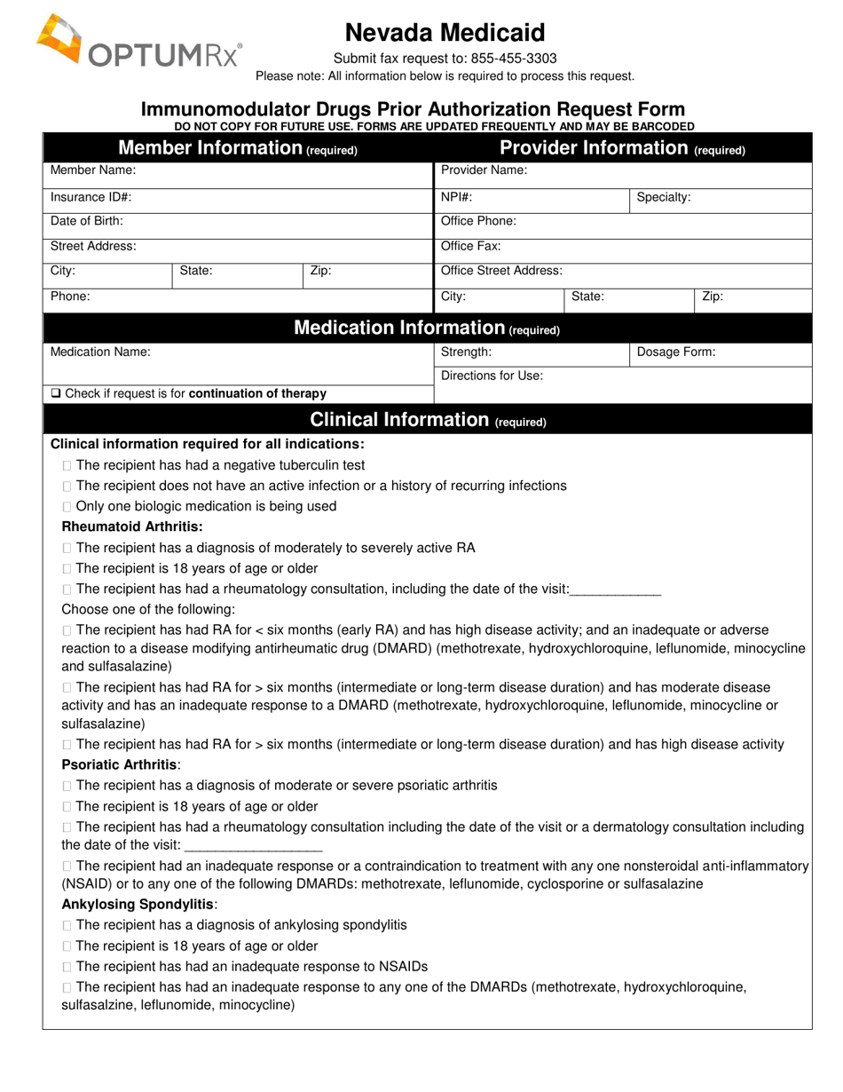 Form FA-157 Immunomodulator Drugs Prior Authorization Request Form - Nevada, Page 1