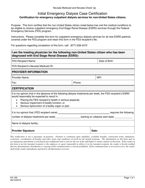 Form FA-100 Initial Emergency Dialysis Case Certification - Nevada