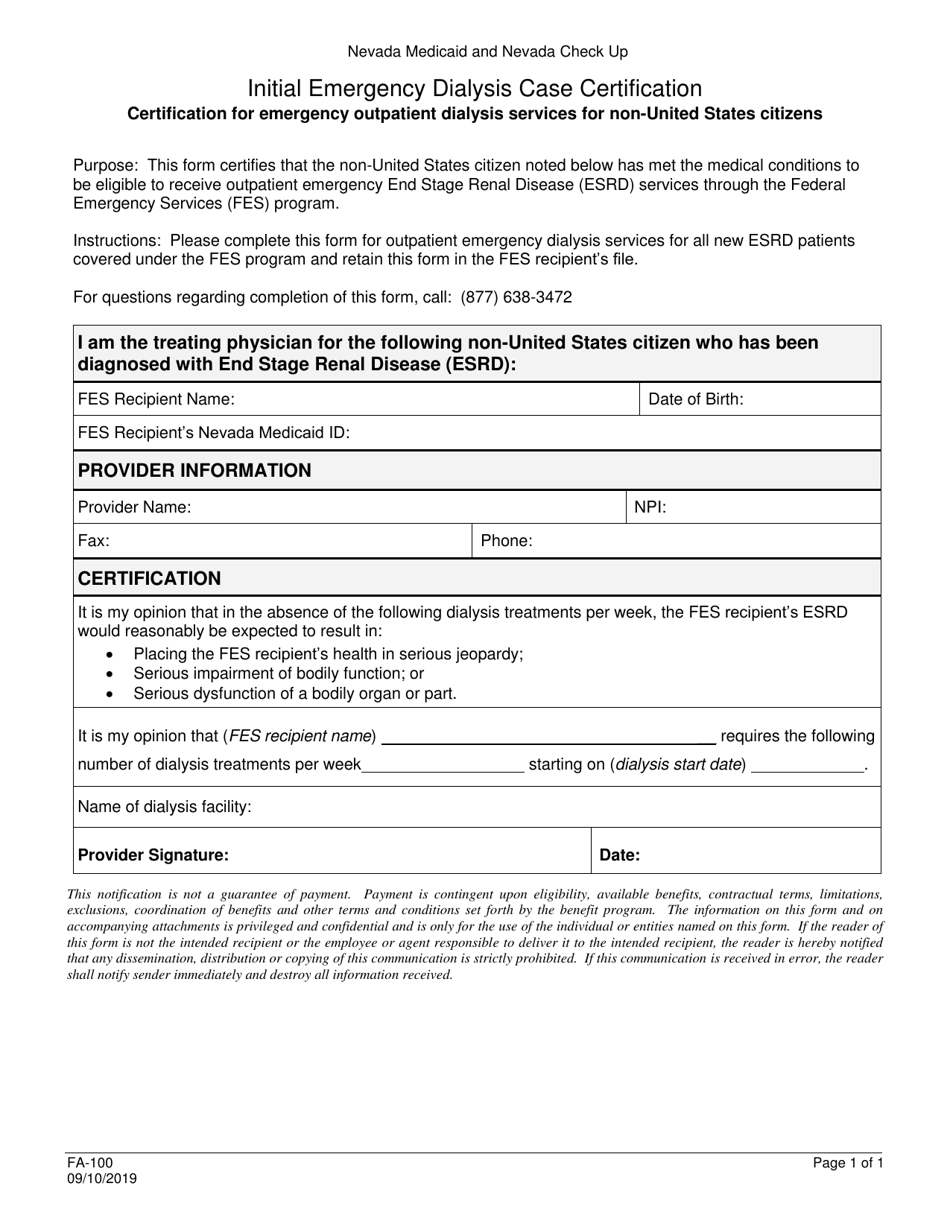 Form FA-100 Initial Emergency Dialysis Case Certification - Nevada, Page 1