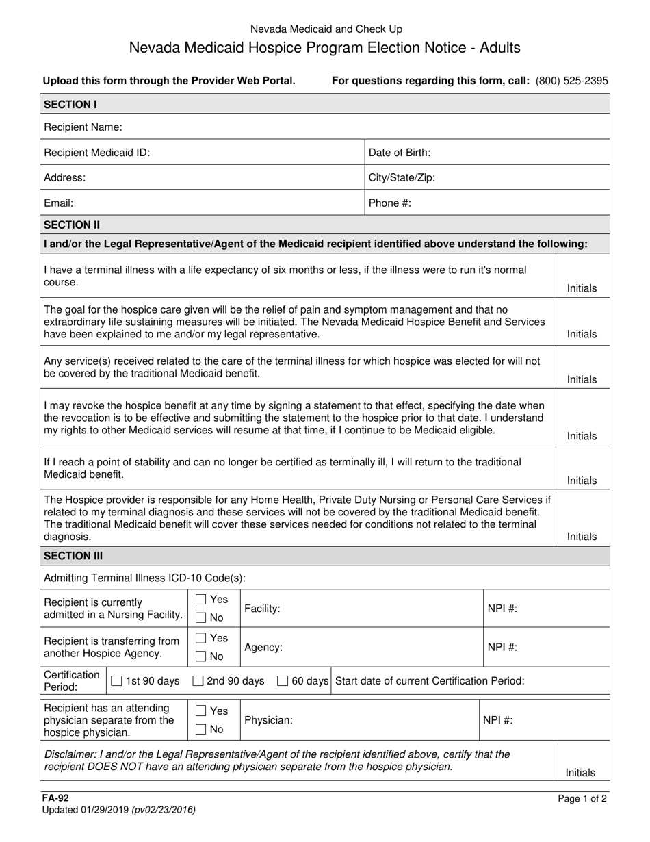 Form FA-92 - Fill Out, Sign Online and Download Fillable PDF, Nevada ...