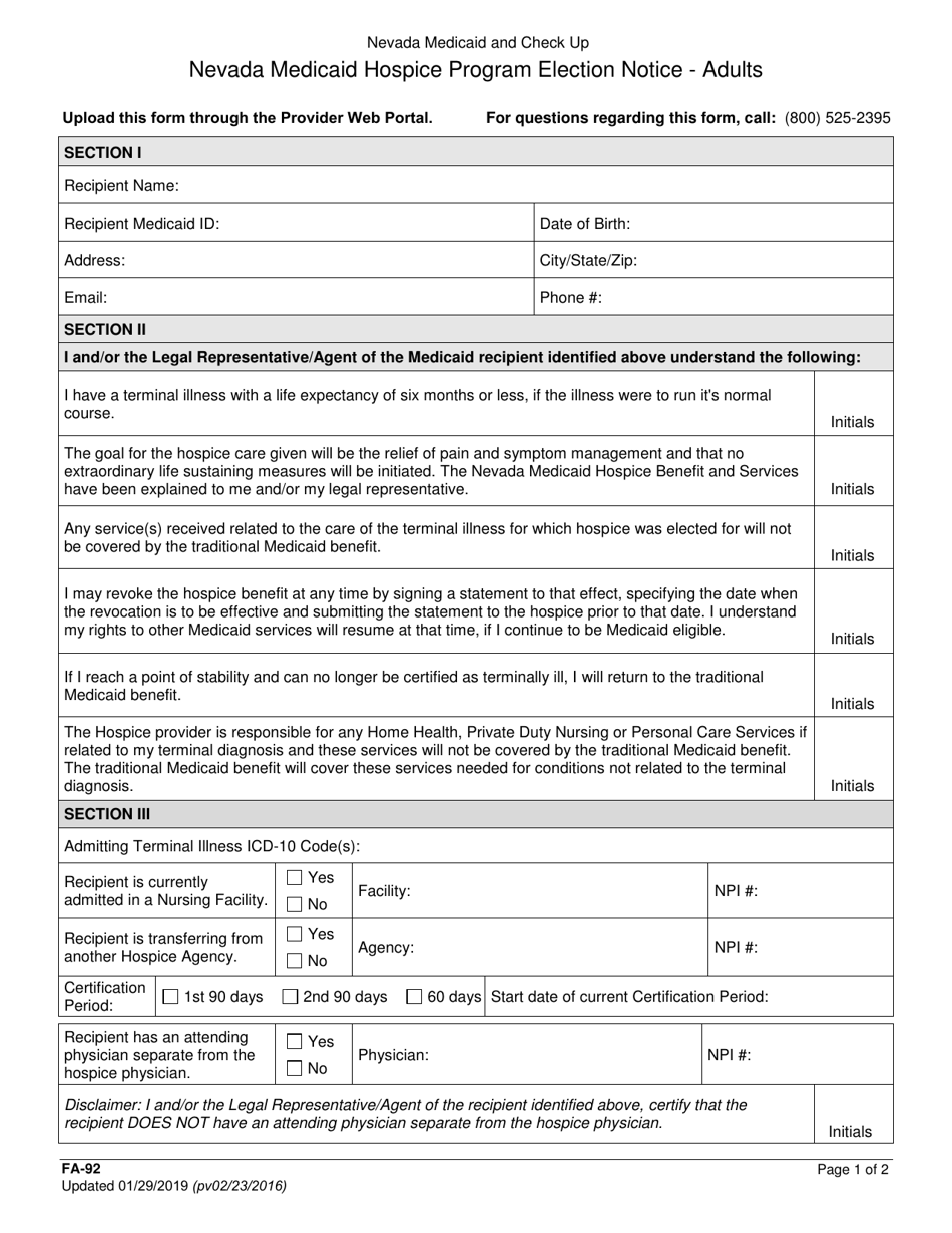 Form FA-92 Nevada Medicaid Hospice Program Election Notice - Adults - Nevada, Page 1