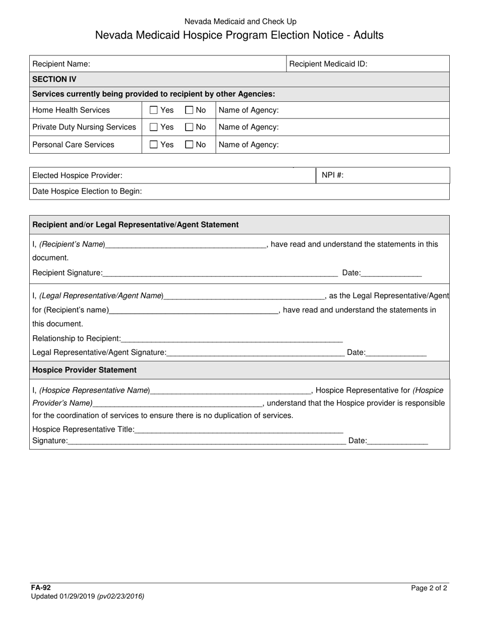 Form Fa 92 Download Fillable Pdf Or Fill Online Nevada Medicaid Hospice Program Election Notice 9940